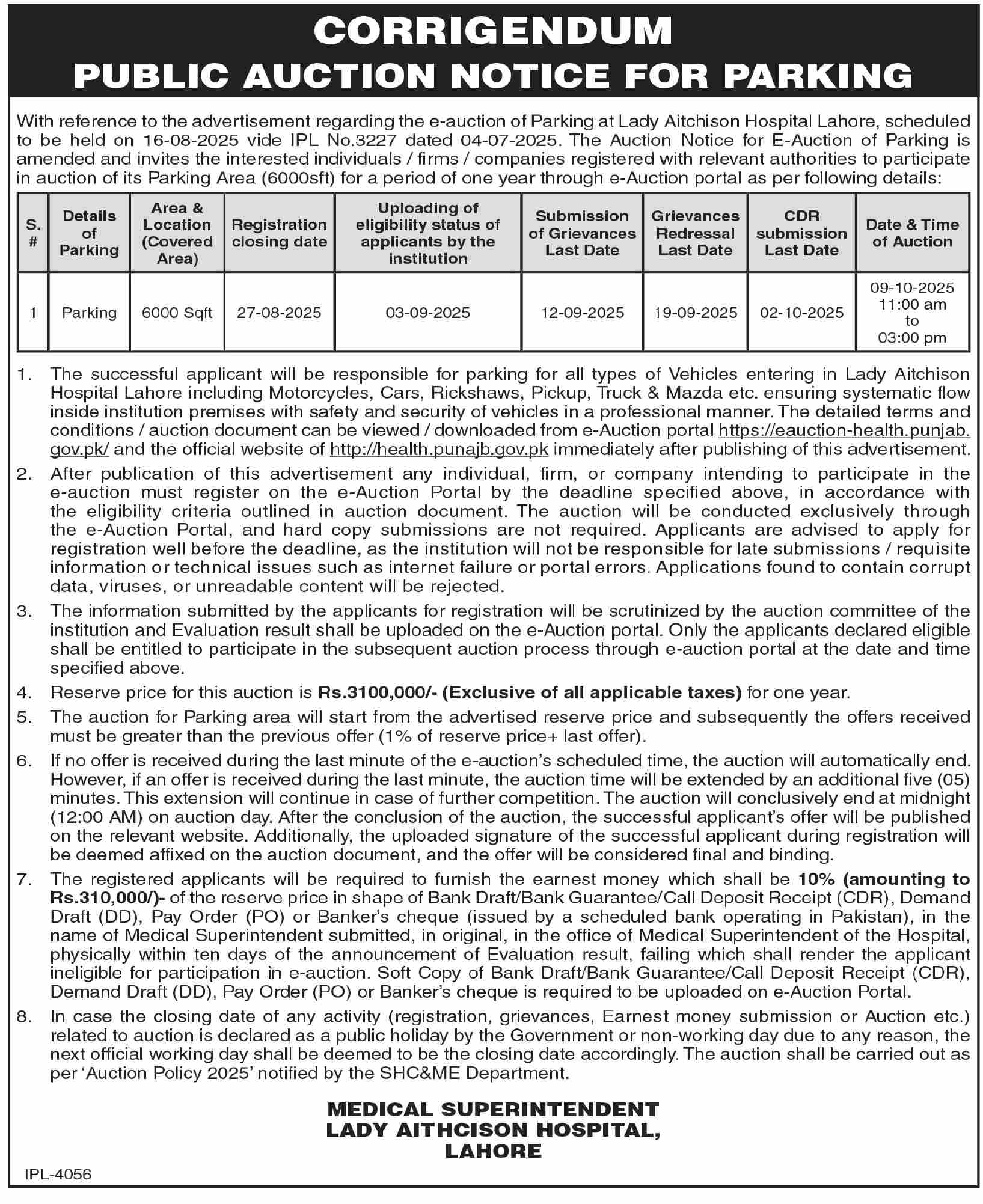 Lady Aithcison Hospital Lahore Tender Notice